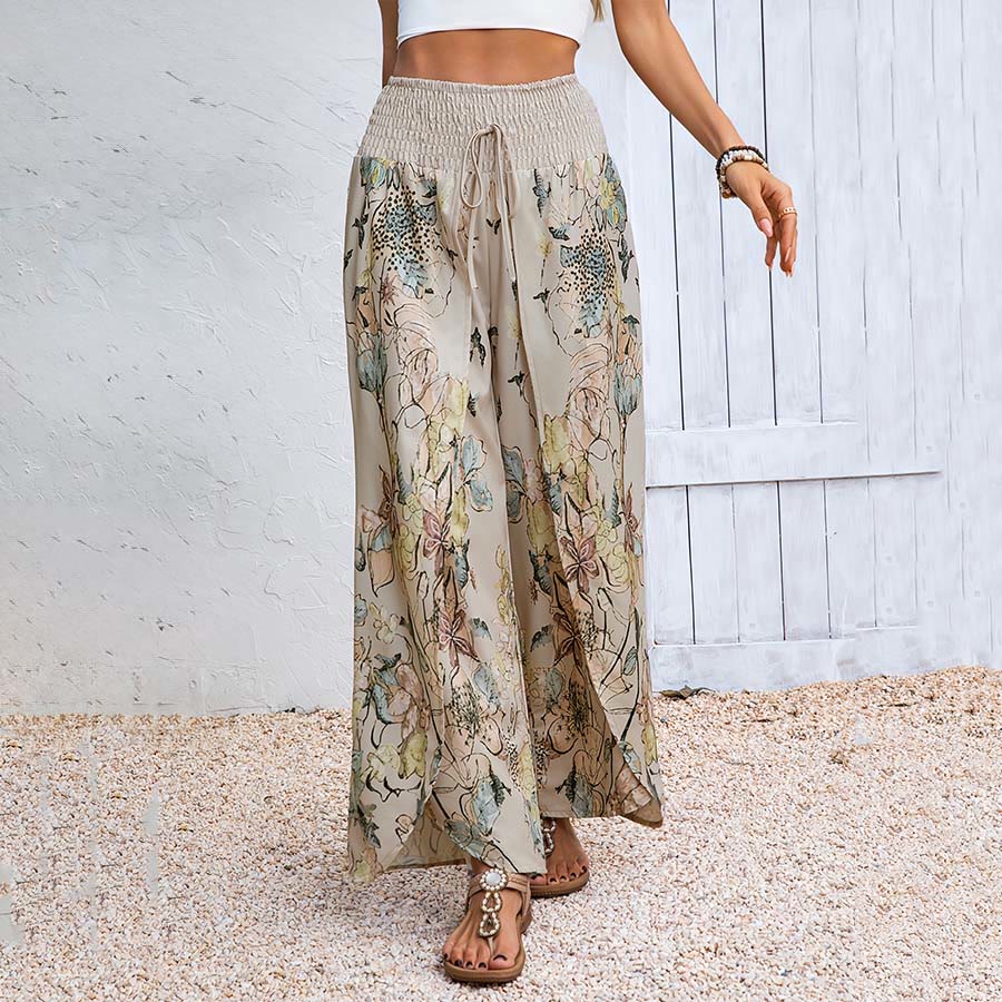 Pantalon Olivenorma pour femme, imprimé floral aquarelle, taille smockée, double fente, jambes larges - image 3