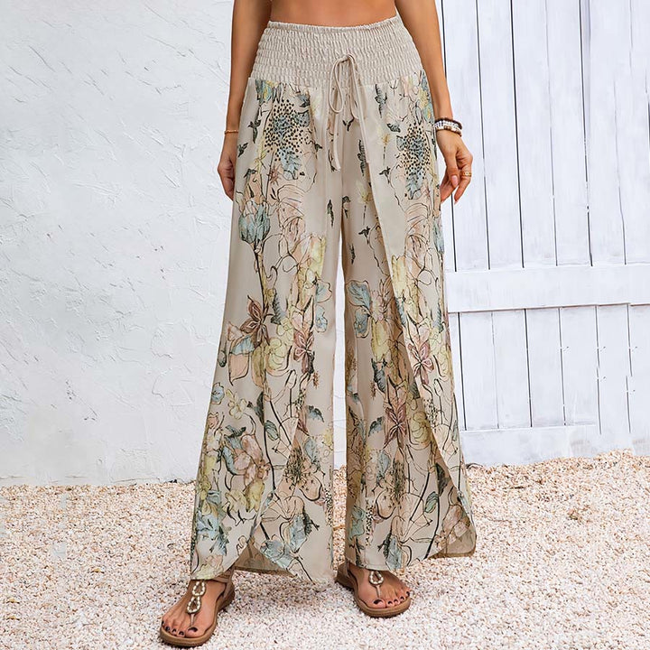 Pantalon Olivenorma pour femme, imprimé floral aquarelle, taille smockée, double fente, jambes larges - Kaki - XXXL - image 0