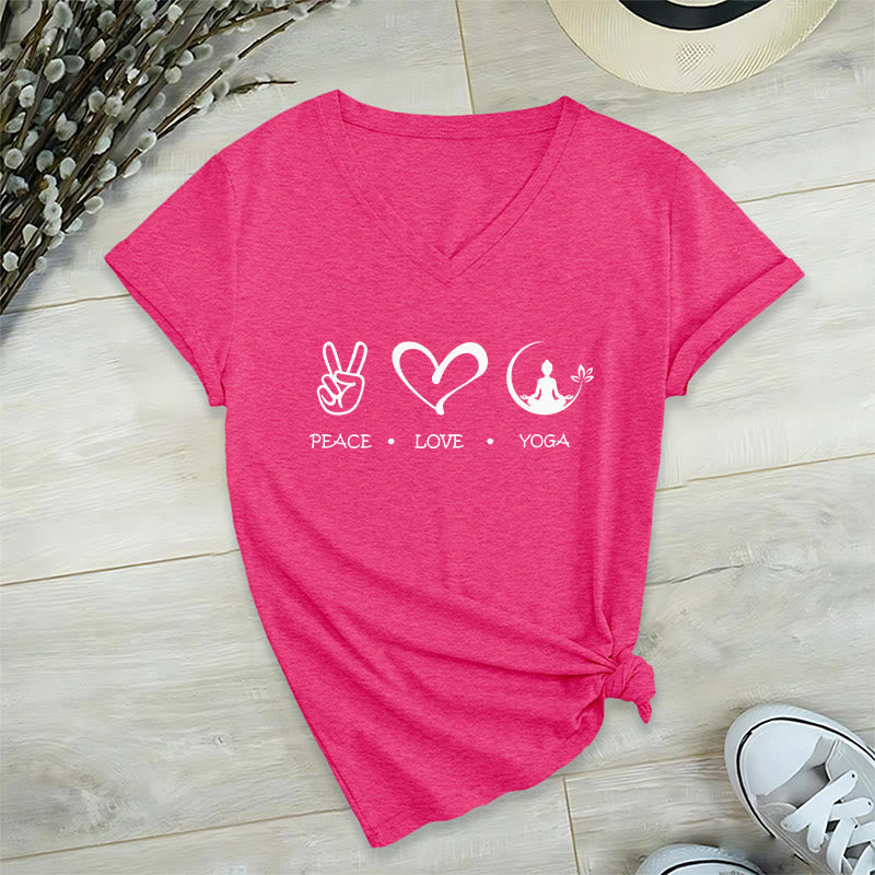 T-shirt Olivenorma Boho Peace Love Yoga Peace Sign Heart Meditation Graphic pour femme, col en V - Rose rouge - 2XL - image 33
