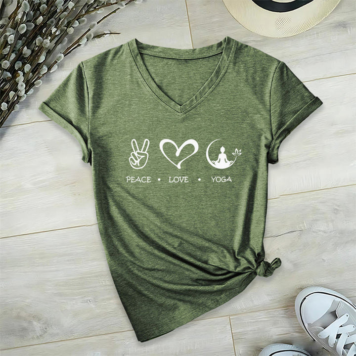 T-shirt Olivenorma Boho Peace Love Yoga Peace Sign Heart Meditation Graphic pour femme, col en V - Vert olive - 2XL - image 3