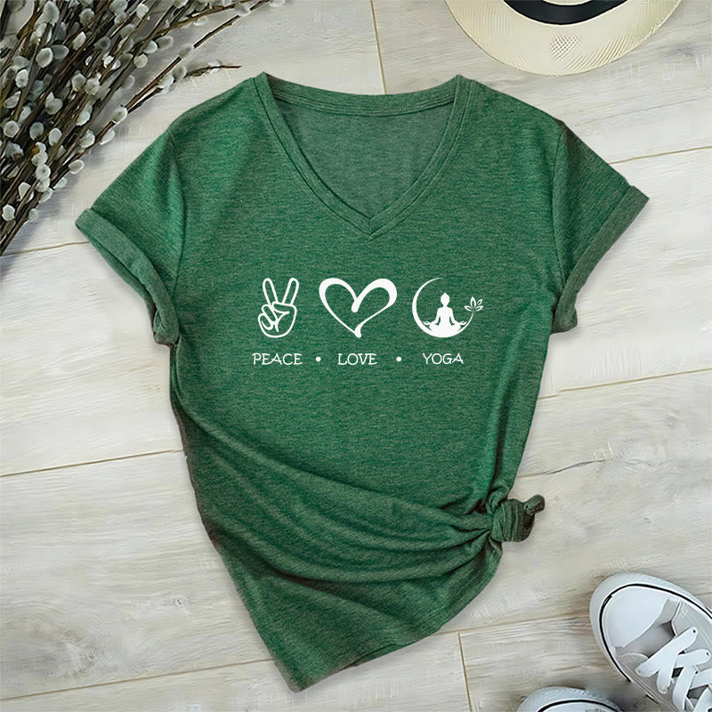 T-shirt Olivenorma Boho Peace Love Yoga Peace Sign Heart Meditation Graphic pour femme, col en V - Vert foncé - 2XL - image 24