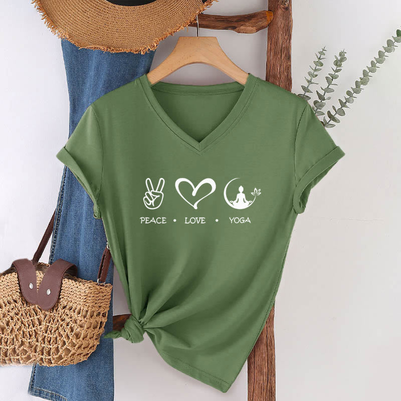 T-shirt Olivenorma Boho Peace Love Yoga Peace Sign Heart Meditation Graphic pour femme, col en V - image 4