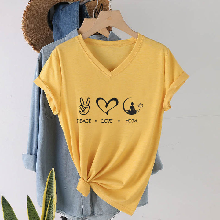 T-shirt Olivenorma Boho Peace Love Yoga Peace Sign Heart Meditation Graphic pour femme, col en V - image 31