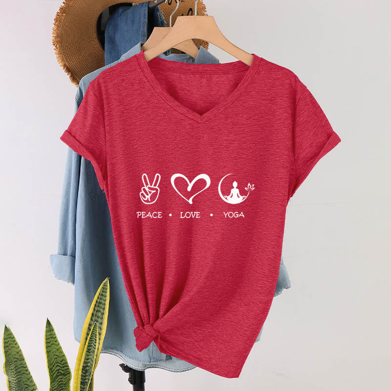 T-shirt Olivenorma Boho Peace Love Yoga Peace Sign Heart Meditation Graphic pour femme, col en V - image 28
