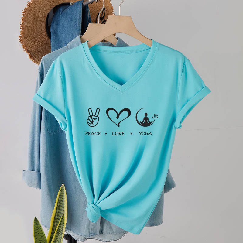 T-shirt Olivenorma Boho Peace Love Yoga Peace Sign Heart Meditation Graphic pour femme, col en V - image 10