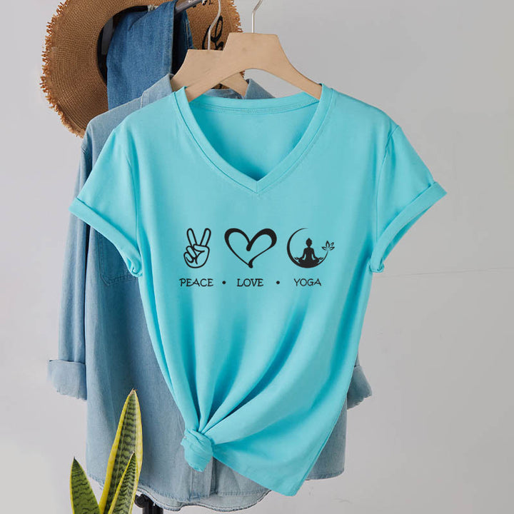 T-shirt Olivenorma Boho Peace Love Yoga Peace Sign Heart Meditation Graphic pour femme, col en V - image 10