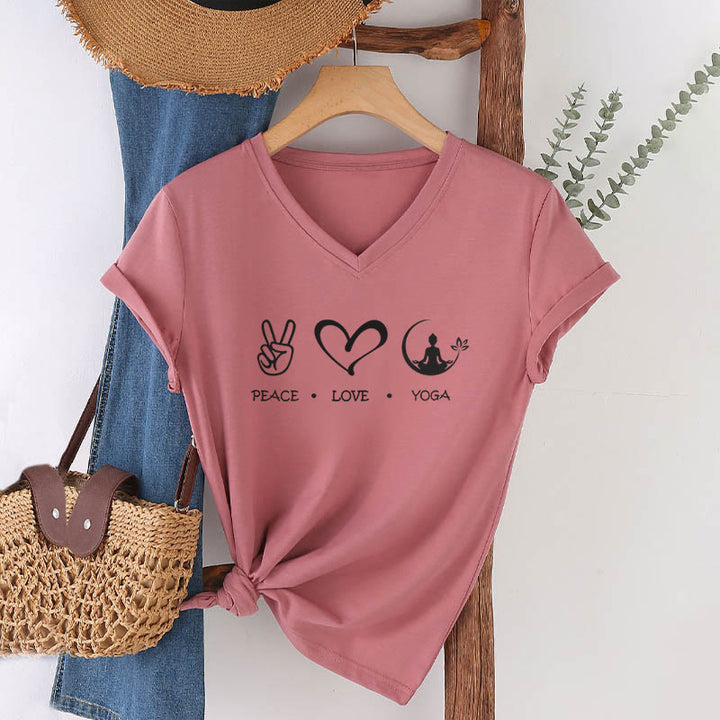 T-shirt Olivenorma Boho Peace Love Yoga Peace Sign Heart Meditation Graphic pour femme, col en V - image 1