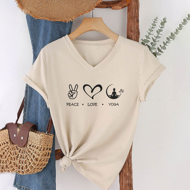 T-shirt Olivenorma Boho Peace Love Yoga Peace Sign Heart Meditation Graphic pour femme, col en V - image 7