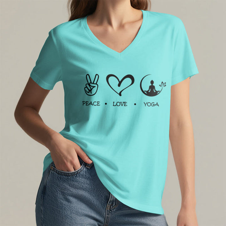 T-shirt Olivenorma Boho Peace Love Yoga Peace Sign Heart Meditation Graphic pour femme, col en V - image 11
