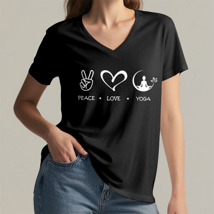 T-shirt Olivenorma Boho Peace Love Yoga Peace Sign Heart Meditation Graphic pour femme, col en V - image 14