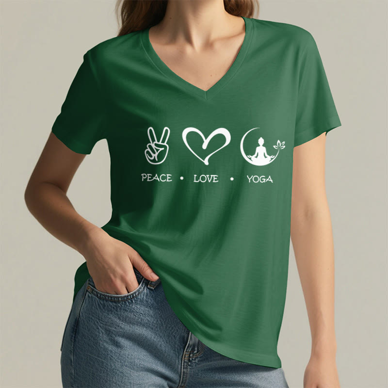 T-shirt Olivenorma Boho Peace Love Yoga Peace Sign Heart Meditation Graphic pour femme, col en V - image 26