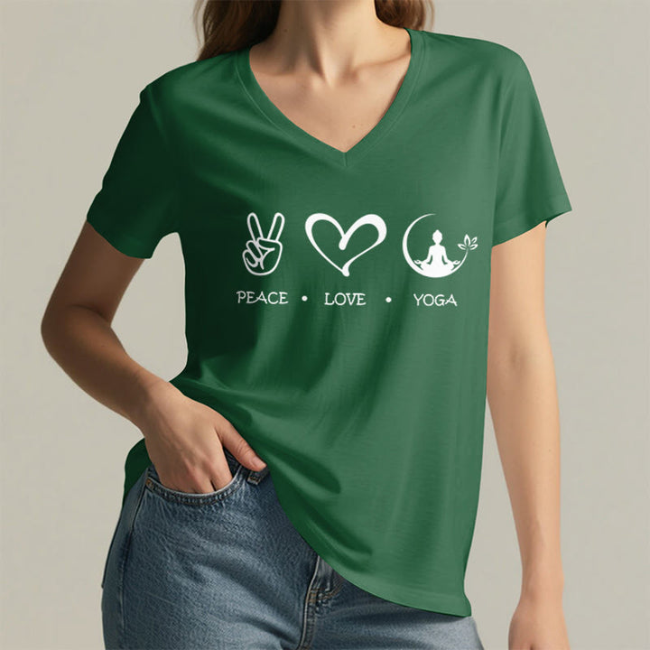 T-shirt Olivenorma Boho Peace Love Yoga Peace Sign Heart Meditation Graphic pour femme, col en V - image 26