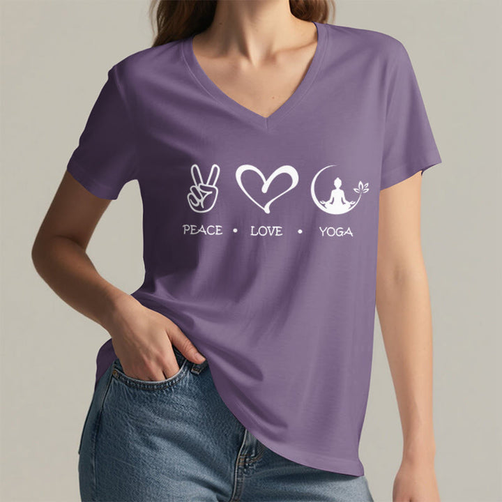T-shirt Olivenorma Boho Peace Love Yoga Peace Sign Heart Meditation Graphic pour femme, col en V - image 38