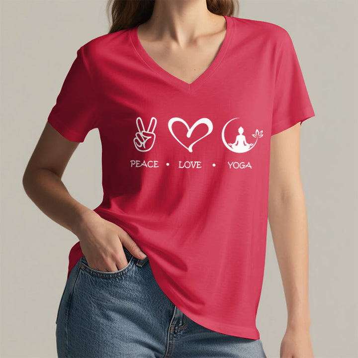 T-shirt Olivenorma Boho Peace Love Yoga Peace Sign Heart Meditation Graphic pour femme, col en V - image 29