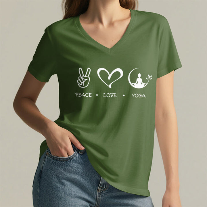 T-shirt Olivenorma Boho Peace Love Yoga Peace Sign Heart Meditation Graphic pour femme, col en V - image 5