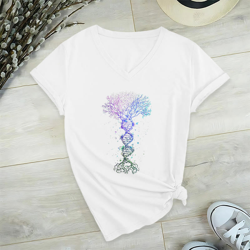 T-shirt à col en V pour femme Olivenorma Boho Color Gradient DNA Tree Life Art Print - Blanc - 2XL - image 18