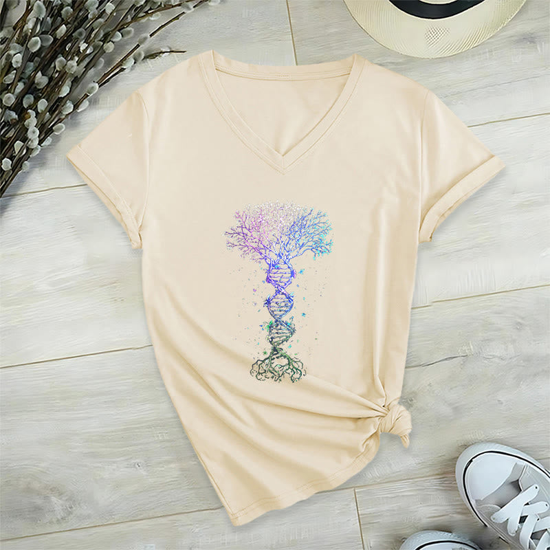 T-shirt à col en V pour femme Olivenorma Boho Color Gradient DNA Tree Life Art Print - Kaki - 2XL - image 9