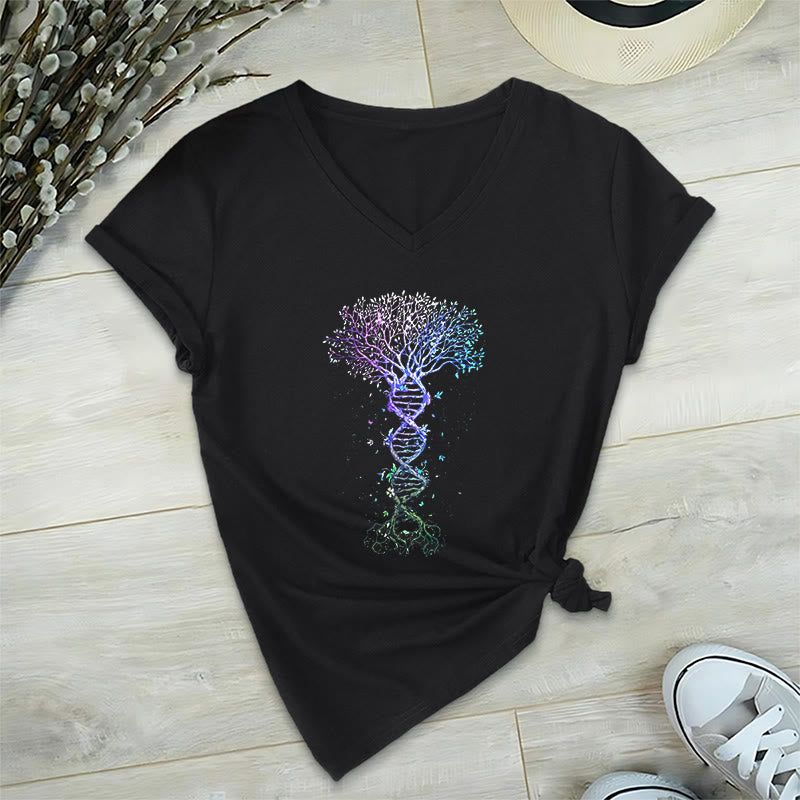 T-shirt à col en V pour femme Olivenorma Boho Color Gradient DNA Tree Life Art Print - Noir - 2XL - image 0