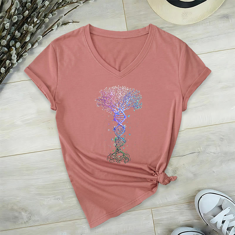 T-shirt à col en V pour femme Olivenorma Boho Color Gradient DNA Tree Life Art Print - Rose - 2XL - image 3