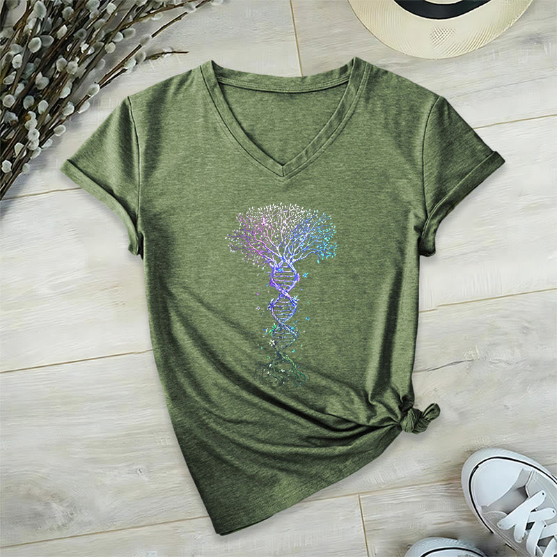 T-shirt à col en V pour femme Olivenorma Boho Color Gradient DNA Tree Life Art Print - Vert olive - 2XL - image 6