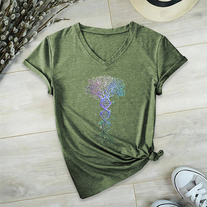 T-shirt à col en V pour femme Olivenorma Boho Color Gradient DNA Tree Life Art Print - Vert olive - 2XL - image 6