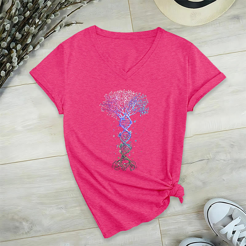 T-shirt à col en V pour femme Olivenorma Boho Color Gradient DNA Tree Life Art Print - Rose rouge - 2XL - image 33