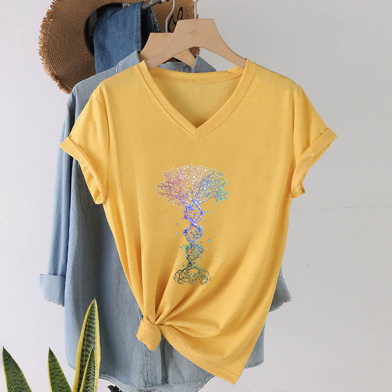 T-shirt à col en V pour femme Olivenorma Boho Color Gradient DNA Tree Life Art Print - image 31