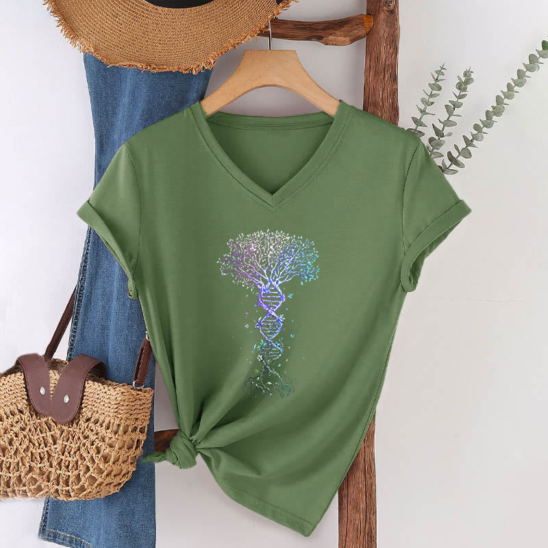 T-shirt à col en V pour femme Olivenorma Boho Color Gradient DNA Tree Life Art Print - image 7