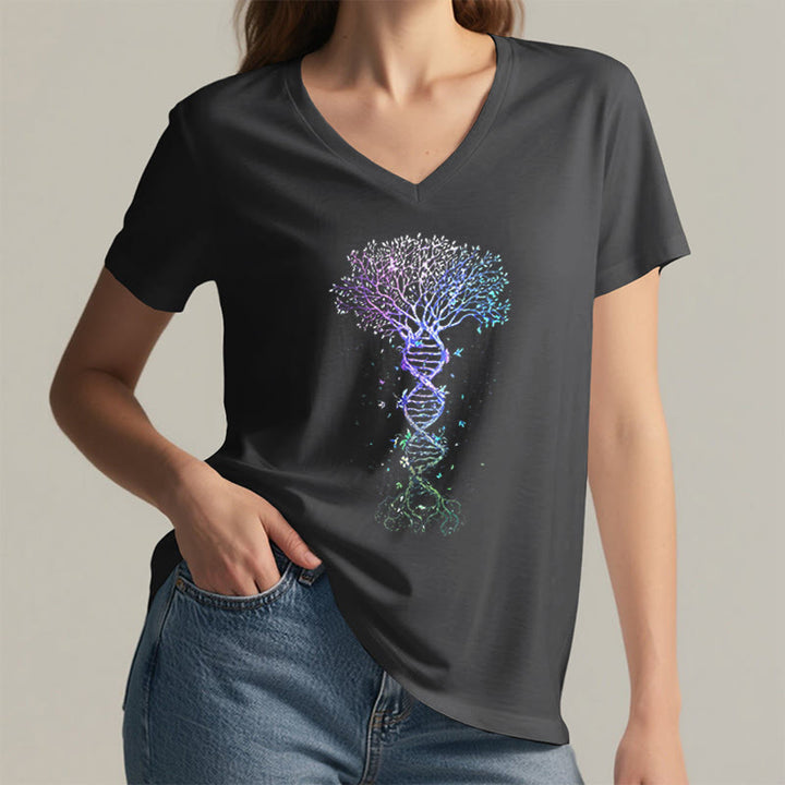 T-shirt à col en V pour femme Olivenorma Boho Color Gradient DNA Tree Life Art Print - image 17