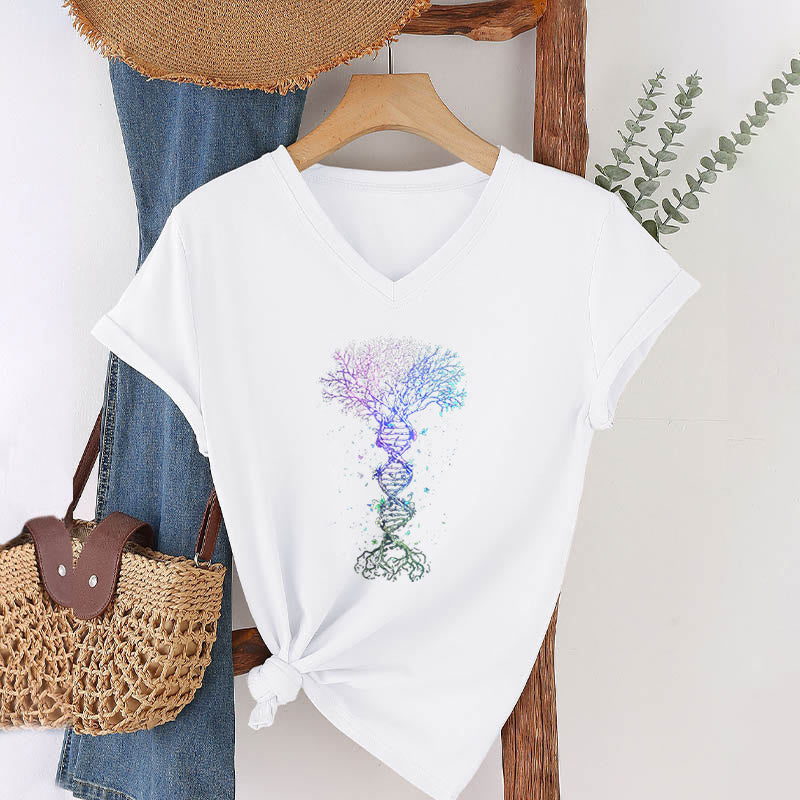T-shirt à col en V pour femme Olivenorma Boho Color Gradient DNA Tree Life Art Print - image 19