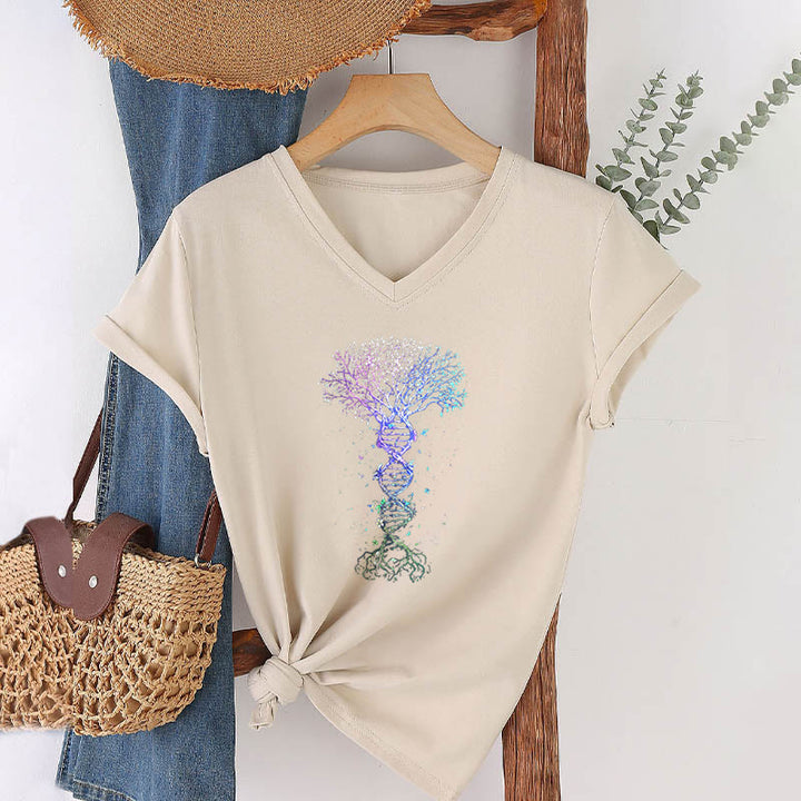 T-shirt à col en V pour femme Olivenorma Boho Color Gradient DNA Tree Life Art Print - image 10