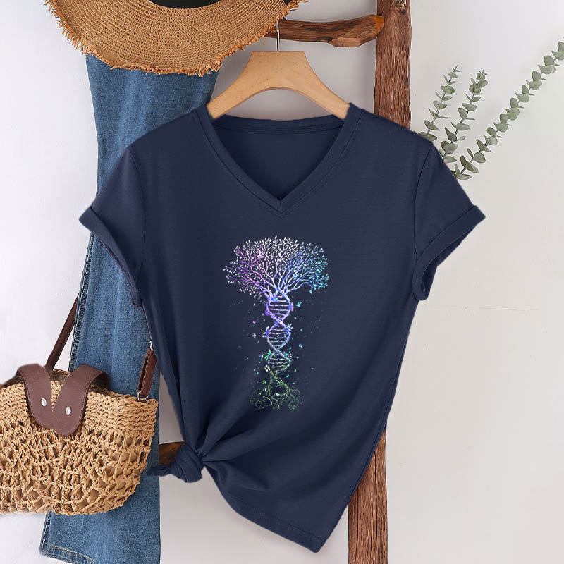 T-shirt à col en V pour femme Olivenorma Boho Color Gradient DNA Tree Life Art Print - image 22