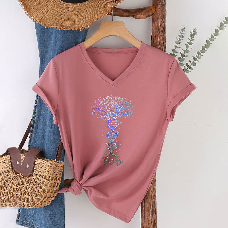 T-shirt à col en V pour femme Olivenorma Boho Color Gradient DNA Tree Life Art Print - image 4