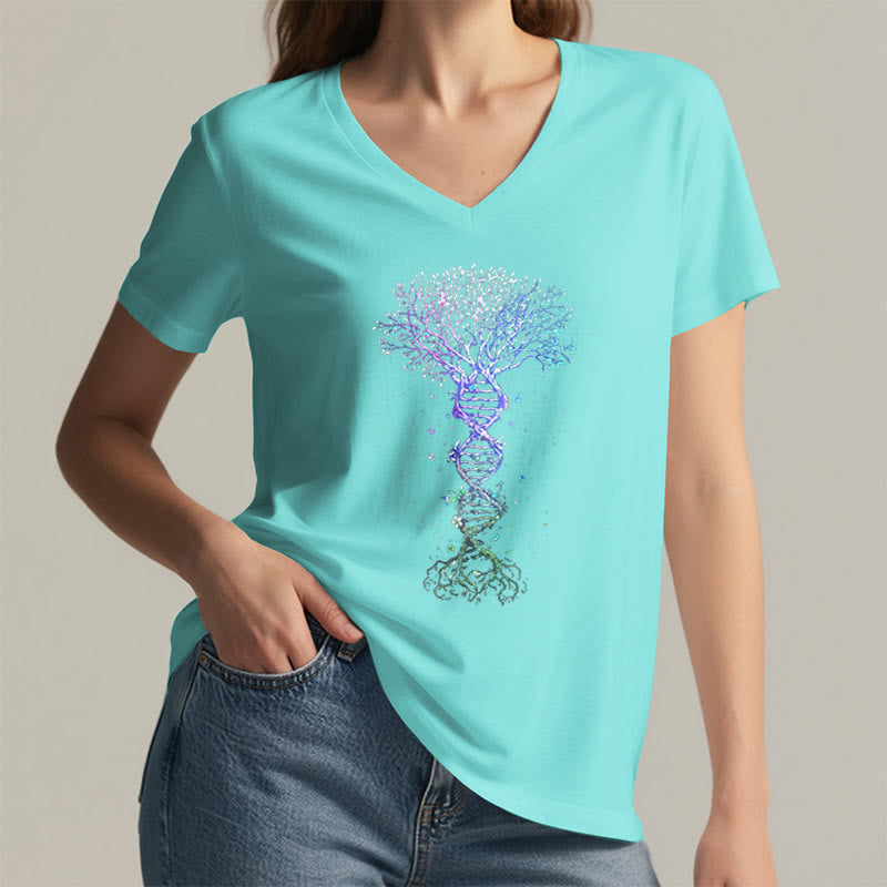 T-shirt à col en V pour femme Olivenorma Boho Color Gradient DNA Tree Life Art Print - image 14