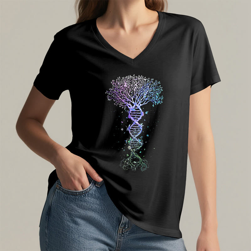 T-shirt à col en V pour femme Olivenorma Boho Color Gradient DNA Tree Life Art Print - image 2