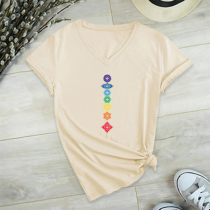 T-shirt Olivenorma à col en V pour femme, motif mandala des sept chakras vertical et spirituel - Kaki - 2XL - image 6