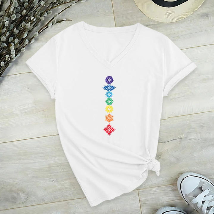 T-shirt Olivenorma à col en V pour femme, motif mandala des sept chakras vertical et spirituel - Blanc - 2XL - image 18