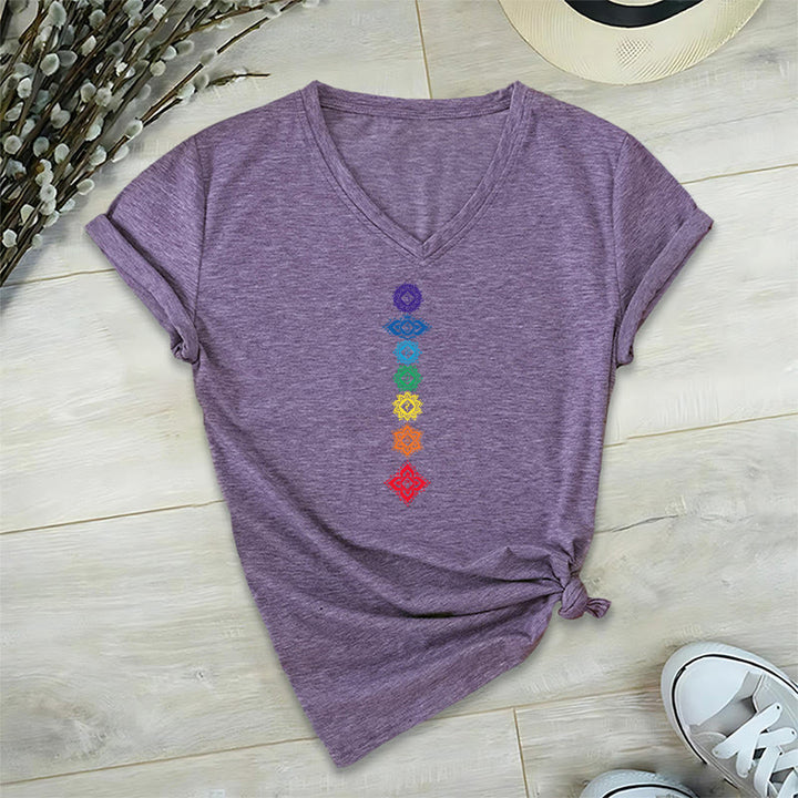 T-shirt Olivenorma à col en V pour femme, motif mandala des sept chakras vertical et spirituel - Violet - 2XL - image 36