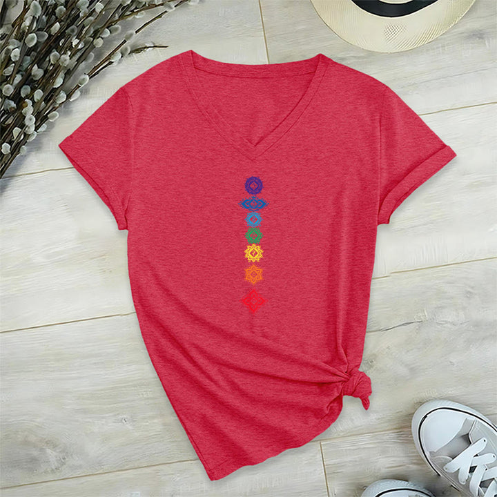 T-shirt Olivenorma à col en V pour femme, motif mandala des sept chakras vertical et spirituel - Rouge - 2XL - image 27