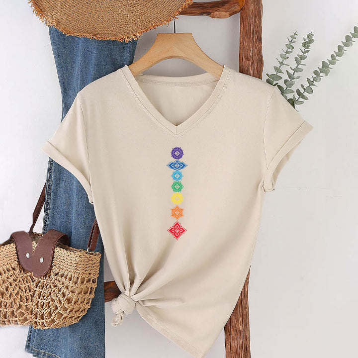 T-shirt Olivenorma à col en V pour femme, motif mandala des sept chakras vertical et spirituel - image 8