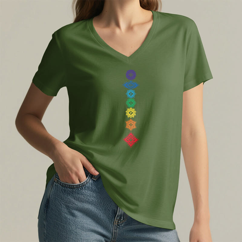 T-shirt Olivenorma à col en V pour femme, motif mandala des sept chakras vertical et spirituel - image 4
