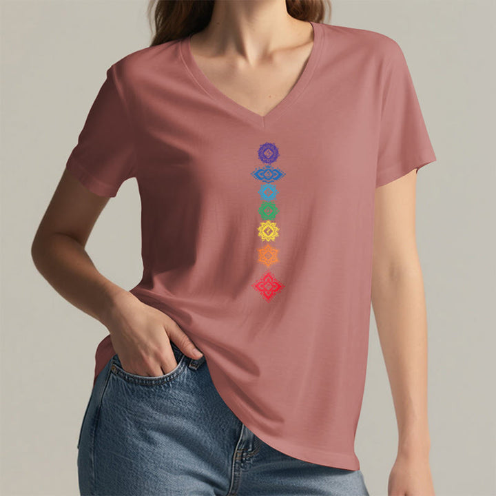 T-shirt Olivenorma à col en V pour femme, motif mandala des sept chakras vertical et spirituel - image 10