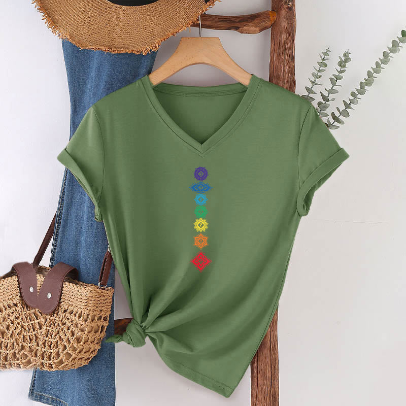 T-shirt Olivenorma à col en V pour femme, motif mandala des sept chakras vertical et spirituel - image 5