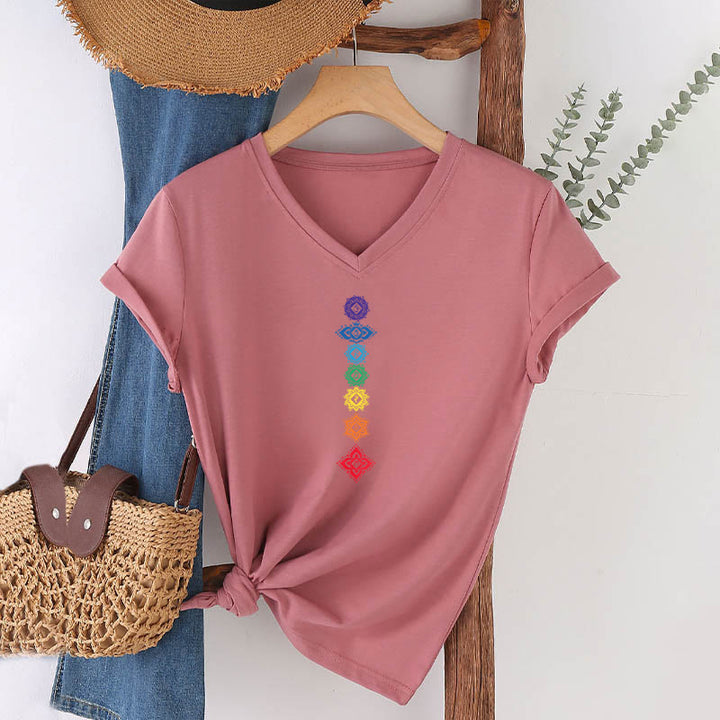 T-shirt Olivenorma à col en V pour femme, motif mandala des sept chakras vertical et spirituel - image 11