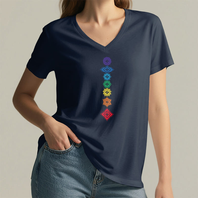 T-shirt Olivenorma à col en V pour femme, motif mandala des sept chakras vertical et spirituel - image 22