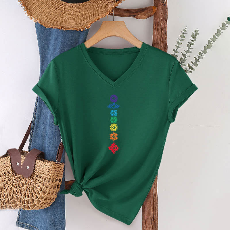 T-shirt Olivenorma à col en V pour femme, motif mandala des sept chakras vertical et spirituel - image 26