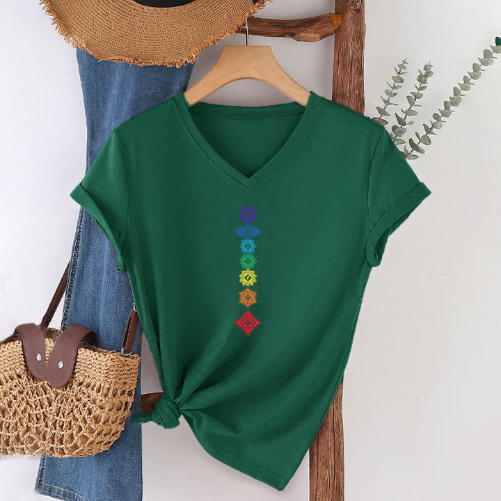 T-shirt Olivenorma à col en V pour femme, motif mandala des sept chakras vertical et spirituel - image 26