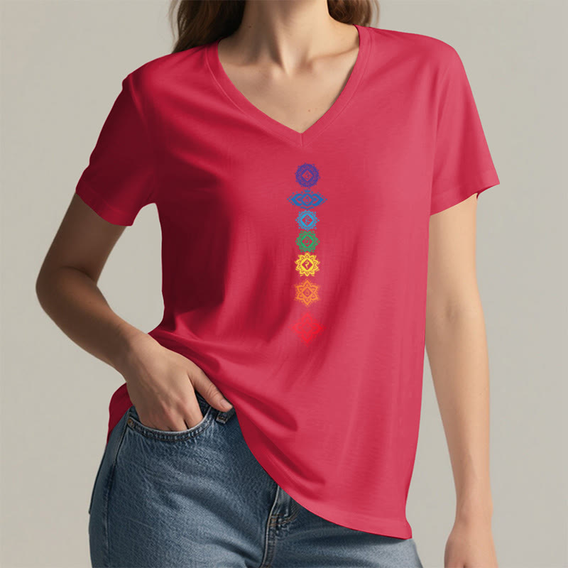 T-shirt Olivenorma à col en V pour femme, motif mandala des sept chakras vertical et spirituel - image 28