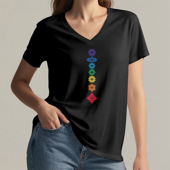 T-shirt Olivenorma à col en V pour femme, motif mandala des sept chakras vertical et spirituel - image 16