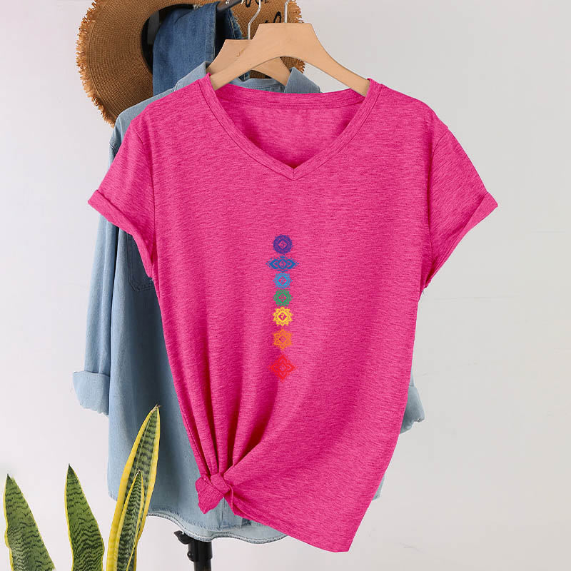 T-shirt Olivenorma à col en V pour femme, motif mandala des sept chakras vertical et spirituel - image 35